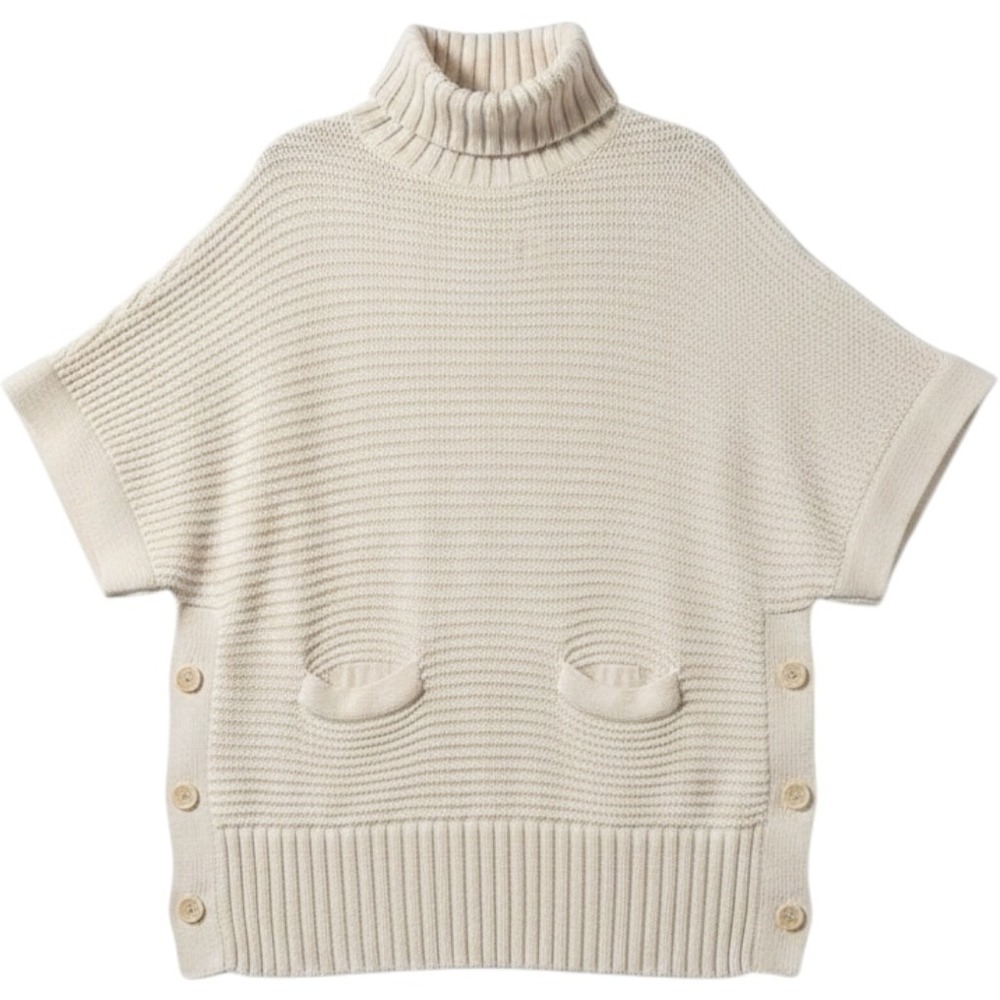 J.Crew Turtleneck Poncho Sweater M Ivory Button Side Cotton Merino Wool Minimal